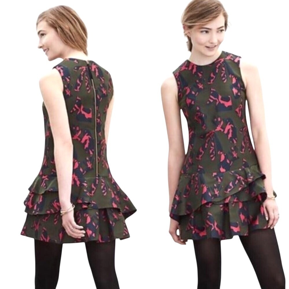 Banana Republic Jacquard Mini Ruffle Dress Women's 4P Olive Preppy Modern Career